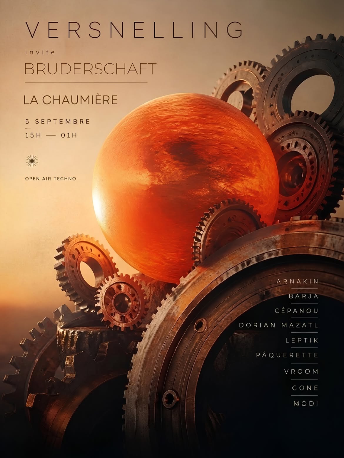Affiche : Open Air Techno : Versnelling invite Bruderschaft à la Chaumière