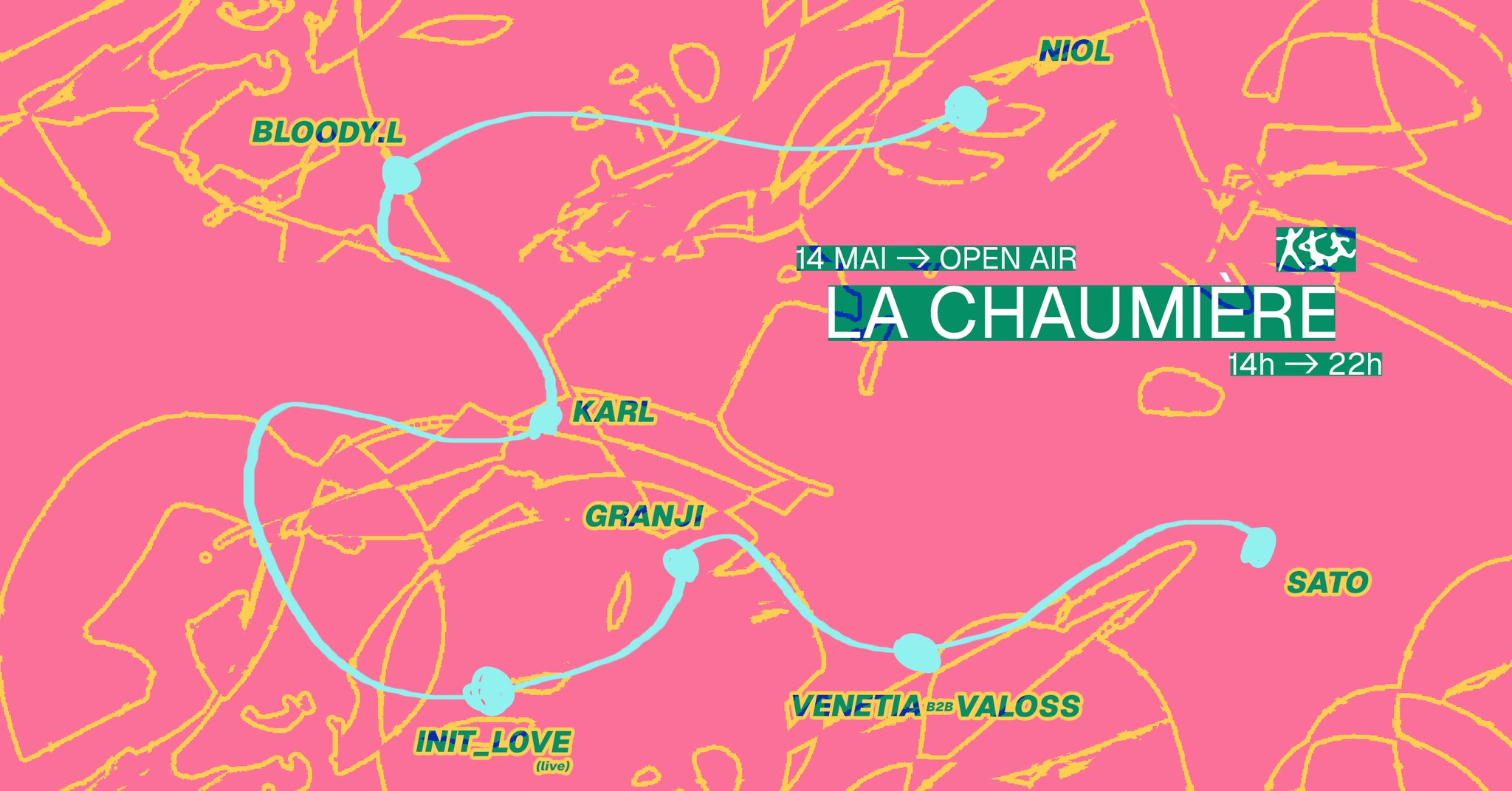 Affiche : Double Open Air @ La Chaumière (FA7 Crew invite Venetia b2b Valoss, Init_L0ve (live) & Bloody L)